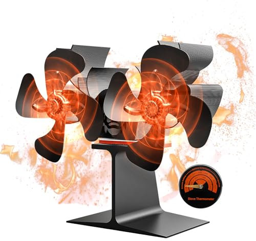 JOJOCY Dual Motors Fireplace Fan, Heat-Powered Wood Burning Stove Fan with Thermometer, Deer Shape 8 Blades Log Wood Burner Fan Heat Fan without Electricity