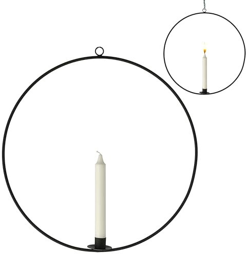 Stabkerzenhalter Ring 2er Set | schwarz 40x42cm Metall rund | Kerzenhalter 1 Stabkerze Kerzenständer zum Aufhängen
