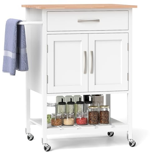 TANGZON Kitchen Island on Wheels, Rolling Kitchen Trolley with 2-Door Cabinet, Drawer, Open Shelf, Rubber Wood Top & Towel Rack, Utility Serving Trolley Cart for Home Bar Dinning Living Room (White)