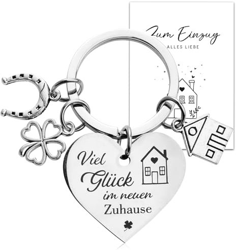 BOOMTOP Schlüsselanhänger Geschenk zum Einzug Einweihungsgeschenk Wohnung Glücksbringer Viel Glück im neuen Zuhause Einzugsgeschenke Haus Richtfest Umzug Einweihungsparty mit Grußkarte Umschlag