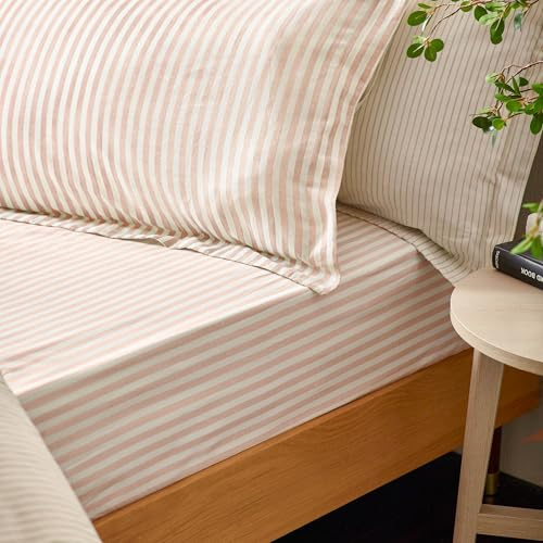 Yard Hebden Midi Stripe Fitted Sheet – Ultra Soft 100% Cotton Striped Bed Sheet (Blush – Double – 137x190x32cm)