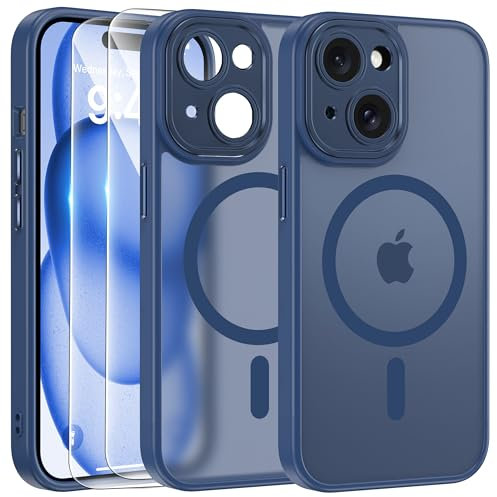 FLLAO Funda para iPhone 15, Compatible MagSafe, con 2 Piezas Protector de Pantalla Cristal Templado, [Protección de Cámara] Magnética Carcasa Translúcida Mate Trasera Fina Antigolpes, Azul Navy