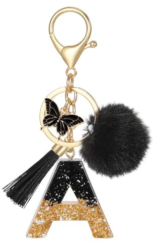 MWOOT Porte Clé Lettre avec Initiale, Porte Clef Alphabet avec Pendentif Pompon Tassel Papillon pour Femmes Filles, Charme de Porte Clés en Résine Noir pour Clé de Voiture Sac à Main Décor(A)
