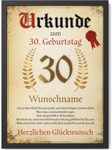 Papierschmiede® Personalisierte Urkunde zum 30. Geburtstag Geschenk Frauen Männer 30 Jahre Geburtstagskarte Geburtstagsgeschenk 30. Geburtstag personalisierbar Geburtstagsurkunde Jahrgang 1995