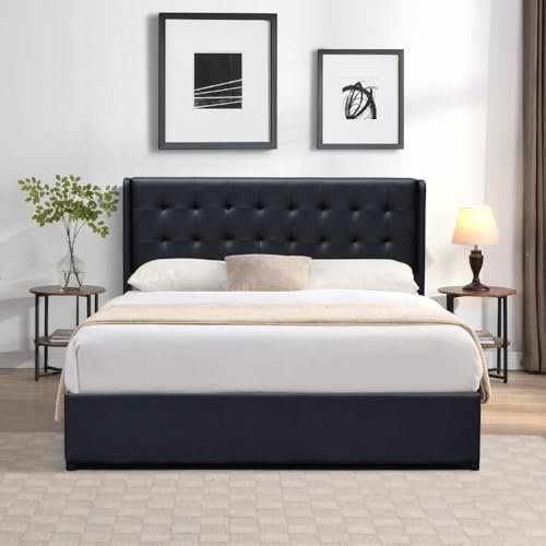 King of Dreams Lit Coffre dehoussable Noir 160x200 cm avec tête de lit capitonnée - 14 Lattes - Montage Rapide et Facile - revêtement PVC Simili Facile d'entretien