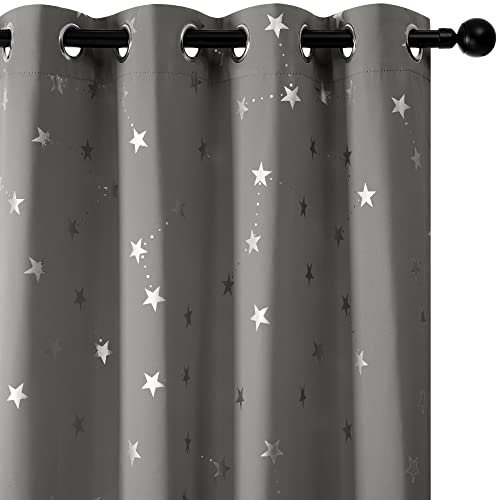 Deconovo Blickdicht Gardinen mit Ösen Vorhang Schlafzimmer Thermogardinen Gardine Wohnzimmer Vorhänge mit Sternenmuster Verdunkelungsvorhänge, 180x140cm(HöhexBreite), Hellgrau, 2er Set
