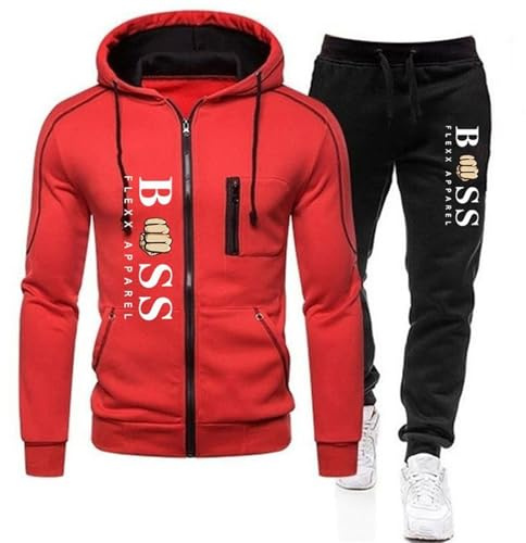 RUMAOZIA Tracksuit Set Men Regular Fit Sports Suit 2-Piece Jogging Suit Hip Hop Streetwear Teenager Sportswear Winter Padded Tracksuit with Hoodie and Jogging Pants Sports Suit, red, L