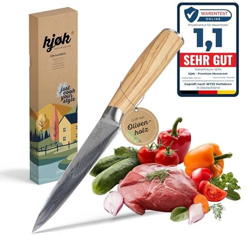kjøk Cuchillo multiusos profesional y premium de 13 cm con mango de madera de olivo, dureza 58±2 HRC, estilo Damasco japonés - cuchillo de cocina universal, pequeño afilado para Verduras