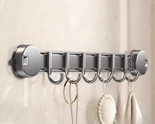 LNGFSH Kitchen Utensil Rack Suction Cup Kitchen Rail Hanging Utensil Holder Wall Mounted Pot Pan Racks Aluminium Hanging Rail with Hooks Cookware Hanger Organizer (Gray,with 6 Hooks 43.4cm)