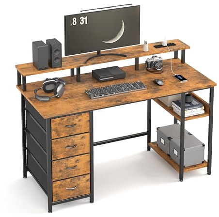 MUTUN 120cm Computer Desk with 4 Drawers & Power Outlets,Brown | 4 Fabric Drawers, USB Type-C Port, Monitor Stand, Storage Shelves, Home Office & Gaming, Remote Work, Study