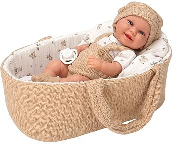 ARIAS BABYTO Elegance Babypuppe mit Vinylkörper, 33 cm, Kleid in Braun- und Weißtönen und passender Babywanne, inklusive Schnuller-Zubehör und Tragetasche, Spielzeug für Kinder Aller Altersgruppen