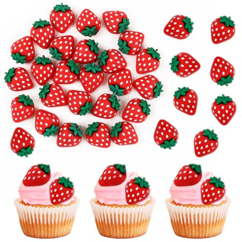 Blumomon 25pcs Red Strawberry Cupcake Toppers for Birthday, Wedding, Anniversary, Christmas, Baby Shower & Graduation Parties