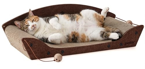 ZOMISIA 26'' Cardboard Cat Scratcher Bed - Large Scratcher Couch for Indoor Cats, Orthopedic Scratching Board, Lounger Scratching Couch with Bells