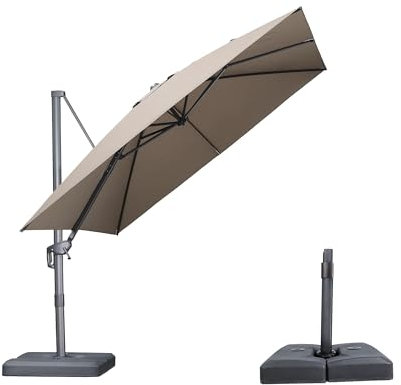 PURPLE LEAF Parasol Déporté 3 × 3 m avec Socle, Parasol de Jardin Extérieur avec Protection UPF 50+ et Manivelle pour Inclinaison sur 6 Positions et Rotation à 360°, Taupe