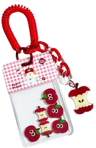 runrayay Red Apple Dog Kpop Photokardhalter, PC Halter Kpop ID Abzeichenhalter mit Spiralgelenk Spule Keychain Hard Shell Protective Photo Sleeves