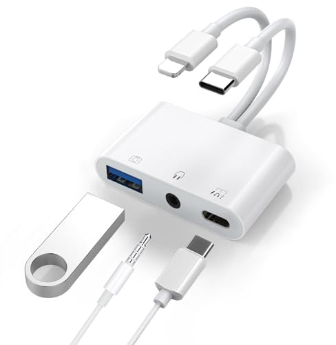 USB C und Lightning zu 3,5mm Klinke Kopfhörer Adapter,3 in 1 USB OTG Kamera adapter und Aux Kopfhörer Splitter,unterstützt Laden/Audio/Datenübertragung für iPhone 16/15/14/13/12, Samsung Galaxy S25/24