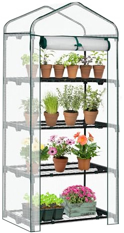 LEADZM Gewächshaus mit UV-beständiger PE-Gitterfolie，4 Metallablagegittern, Sturm-Winterfest, Schutz vor Kälte,Frost, Anzucht für Tomaten & Pflanzen, Balkon Garten (Transparent, 69 x 48 x 157 cm)