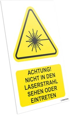 PRINTIMA Warnschild Laserstrahlung 21x32 cm – „ACHTUNG! Nicht in den Laserstrahl sehen oder eintreten“ - mit Montagedübeln - Laser-Warnzeichen - UV-beständig & wetterfest - DIN-konform