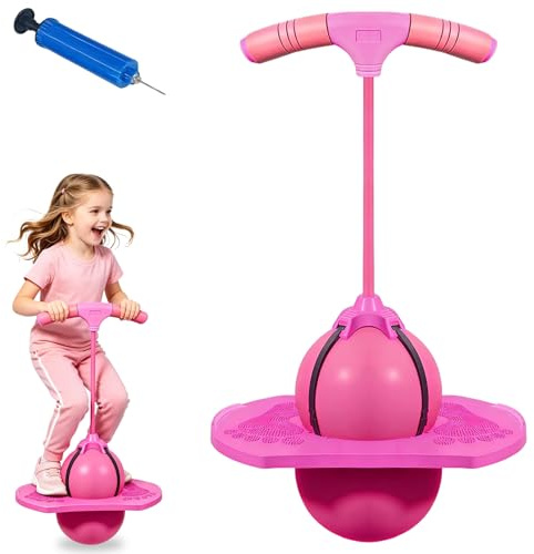 Mino Plus Pogo Ball avec Poignée, Ballon Sauteur Pogo avec Poignée, Balle de Saut d'équilibre, Ballon Sauteur, utilisable dans Le Salon, terrasse et Jardin, avec Pompe (Rose)