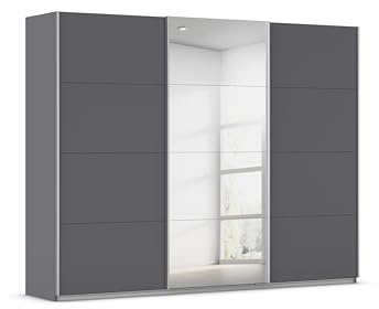 Rauch Möbel KULMBACH, Schwebetürenschrank, Grau metallic, Breite 271 cm | Kleiderschrank mit Schwebetüren, Schiebetüren, 3-türig, mit Spiegel, Zubehör Premium, Schlafzimmer, Jugendzimmer, Garderobe
