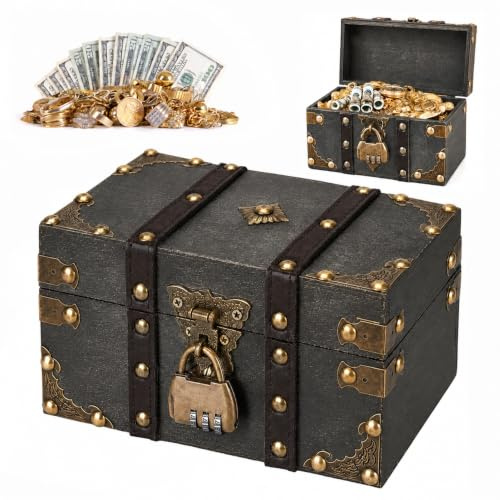 Spetsbst Schatztruhe Holz, Vintage Schatzkiste Holztruhen mit Zahlenschloss | Holz Aufbewahrung für Schatzsuche/ Piratenspiele/ Geschenkboxen/ Mottopartys