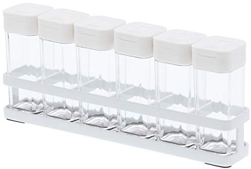 YAMAZAKI 3347 TOWER Gewürzdosen (6er-Set) & Ständer, weiß, Acrylharz/Polyethylen/Stahl, minimalistisch, 4 x 23,5 x 4 cm (L x B x H)