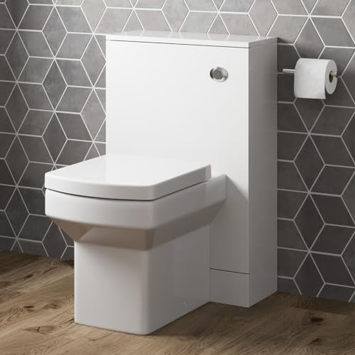 Artis® Modern Bathroom Cloakroom Back to Wall BTW Toilet WC 500mm Furniture Unit Square Pan Soft Close Seat, Dual Flush Cistern, White Gloss