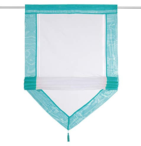 Raffrollo mit Quaste Dreieck Raffgardine Voile Transparent Tunnelzug Vorhang (BxH 80x140cm, Hellblau)