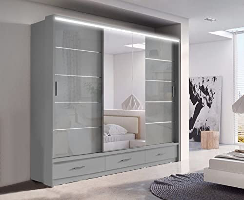 Texas Modern Full Mirror sliding door Bedroom wardrobe with LED Light Width 100cm/120cm/150cm/180cm/203cm/250cm(Grey, 250CM)
