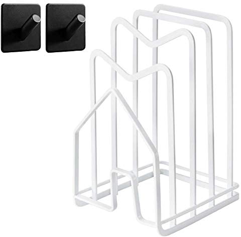 Hikinlichi Cutting Board Stand Organiser Rack Holder Kitchen Countertop Chopping Board Holder w 2 Adhesive Hooks Pots Pan Lids Rack 12.5x14.5x21.5cm White