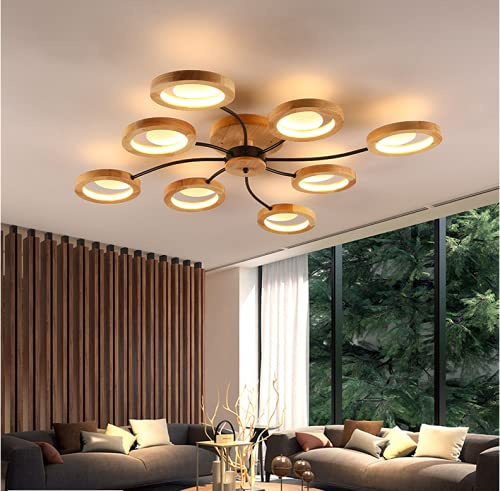 Deckenleuchte Nordic Led Holz Deckenlampe Einfache Moderne Deckenlicht Großes Wohnzimmer Kronleuchter Esszimmer Lampe Kreative Büro Schlafzimmer Mit Fernbedienung Dekoration Küche Rund Lampe,8 head