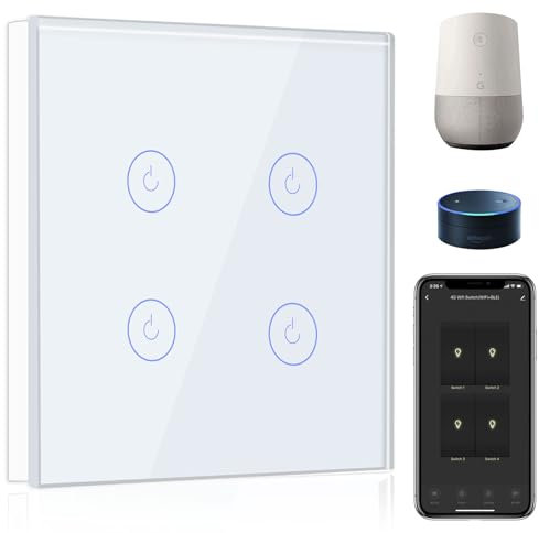BSEED Interruptor de Pared WiFi,Interruptor Inteligente 4 Gang 1 Vía con Pantalla Táctil Blanco,Compatible con Alexa, Google Home, Control de APP y Función de Temporizador【Se necesita Neutro】