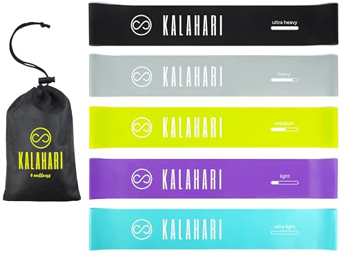 Kalahari Fitnessbänder 5er Set mit e-Book Übungen auf Deutsch und Tragebeutel – Fitnessband, Gummiband, Gymnastikband, Widerstandsbänder Fitness Loop Band für Muskelaufbau, Yoga, Pilates, Stretching