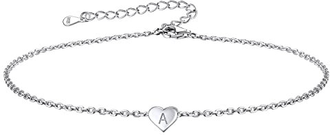 FOCALOOK Herz Fußkette 925 Sterling Silber Fußkettchen für Frauen Mädchen Knöchel Ketten A Initiales Alphabet Name Herz-Schmuckanhänger Fuß Bracelet Modeschmuck Accessoire
