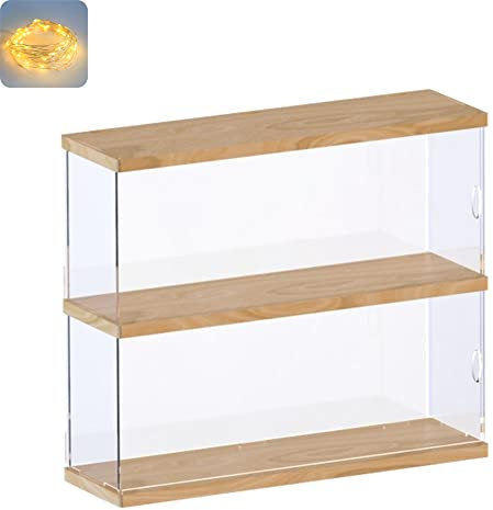 Nynelly 2 Layer Clear Acrylic Display Case with Door - Display Shelf for Models, Figures, Funko Pop, Pop Mart, Labubu, Sonny Angel, Smiski - Assemble Dustproof Display Box (30x10x27 cm, Wood)