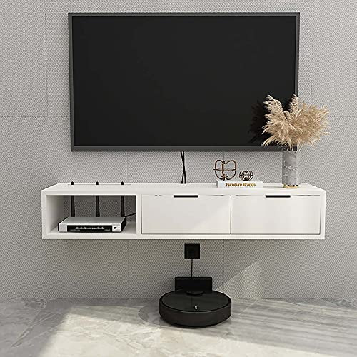 TV-Schrank Schwebetisch, Kleiner Wohnungs-TV-Hängeschrank mit 2 Schubladen, Wandhalterung für Routerbox, Kabel/Weiß / 100 cm