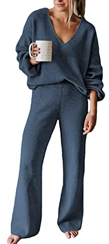 Viottiset Damen Lässiger Lockerer Pyjama Trainingsanzug Sweatshirts 2-Teilige Outfits Übergroßes Lounge-Set Hellblau S
