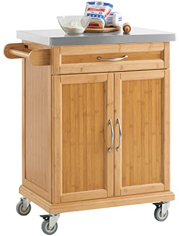 SoBuy Carrito de Cocina con Ruedas, Mesa Auxiliar con encimera de Acero Inoxidable, Mueble Auxiliar de Cocina de bambú, Isla de Cocina con cajones – 66x92x46 cm, FKW13-N