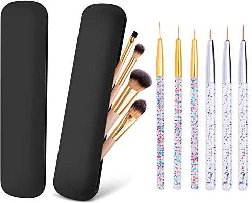 6Pcs Travel Makeup Brush Holder, Nail Art Brushes with 2Pcs Silicone Brush Holders, Acrylic Nail Liner Brushes