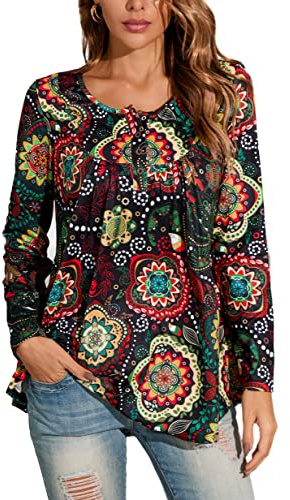 Enmain Damtunika, skjorta, långärmad tunika, långtröja damer, stora storlekar, V-ringad, långblus, skjorta, ledig, elegant tunika, toppar med knappar, paisley-blommor, t-shirt damer, S–3XL, Svart