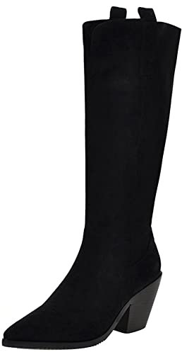 Lroey Reoly Stivali da Donna a Metà Polpaccio con Tacco Western, Cowgirl Boots Tacco Alto Appuntito Stivali Alti Senza Chiusura 172 Nero Numero 42 EU