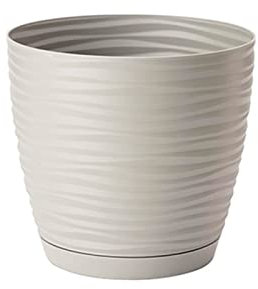 AC - Maceta Redonda de 19 cm con Plato Discreto, Diseño Sahara, Fabricado en España, jardín Exterior, terraza o balcón, Color Beige