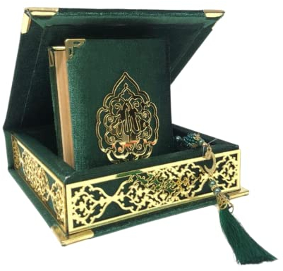 Prien Samt Koran Islam Tesbih Set, Islamische Geschenke für Eid Ramadan, Elegant Portabel Box, Muslim Wohnkultur Mit Frauen, Qur'an, Muslimische Gebetskette Für Moschee, Beten, Umrah (Grün)