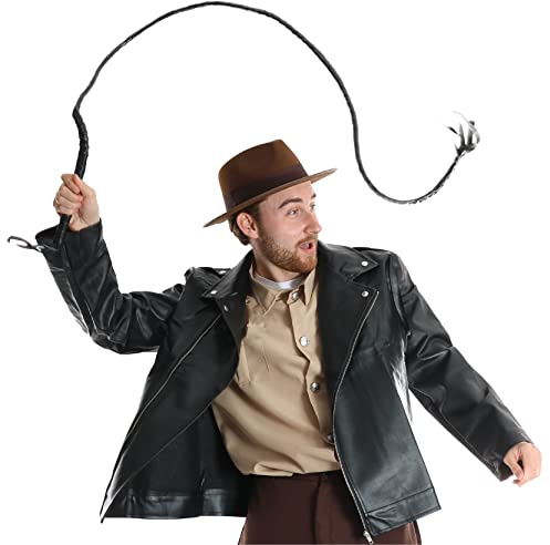 Erwachsene Entdecker-Kostüm – Groß – schwarze Lederjacke, brauner Entdeckerhut und Peitsche, Requisite – Erwachsene TV/Film Abenteurer Kostüm