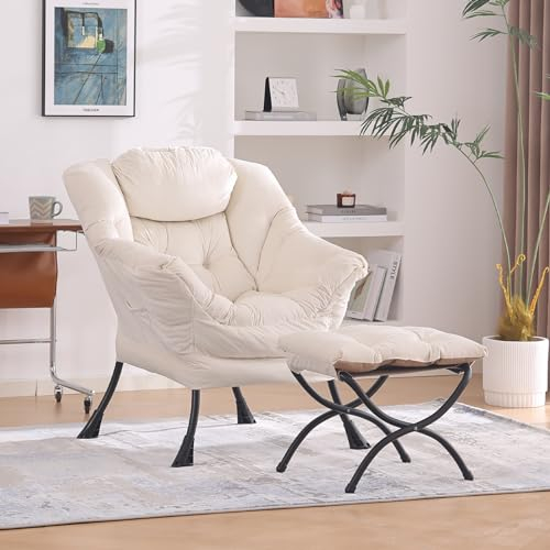 YOTATING Bequemer Sessel mit Fußhocker, Lazy Chair mit Ottomane, Freizeit-Akzentstuhl, Relax-Lounge-Sessel mit Armlehnen & Seitentasche für Wohnzimmer, Schlafzimmer & kleine Räume, Beige