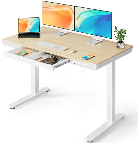 ErGear Schreibtisch Höhenverstellbar, 120 x 60 cm Elektrischer Höhenverstellbarer Schreibtisch mit Schublade, Sitz- und für Home Office (Natürliches Oberteil+ Weißer Rahmen)