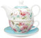 fanquare Pink Floral Tea for One Set, Tea Cup and Saucer Set for Adults, Blue Tea Set with Gold Trim for Party Gift
