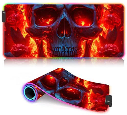 BUBELS Skull and Rosess XL RGB Gaming Mouse Mat Pad XXL Extended Large LED Mousepad 14 Multi colors and effect modes Computer Keyboard Mice Mat for Macbook PC 11.8x31.49inch