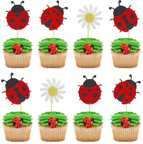 Arthsdite 24 Stück Marienkäfer Cupcake Topper Blumen Insekten Cupcake Picks Garten Thema Baby Shower Kinder Geburtstag Party Kuchen Dekorationen Supplies
