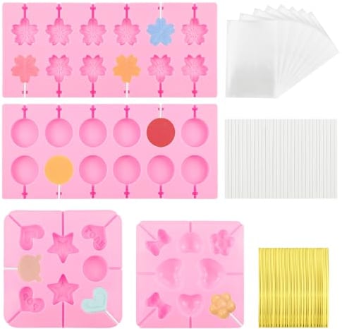 4 Pièces Moules à Sucettes en Silicone, XIACIBDUS Moule à Bonbons pour la Confection de Lollipop Chocolats, Moule à Sucettes avec 100 Bâtonnets de Sucette 100 Sacs de Sucettes et 100 Rubans D'or